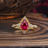 Nature Leaf Ring Pear Cut Ruby Engagement Ring