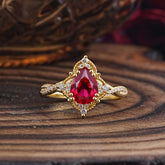 Nature Leaf Ring Pear Cut Ruby Engagement Ring