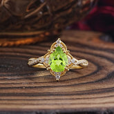 Nature Leaf Ring Pear Cut Peridot Engagement Ring