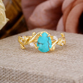 4 Prong Nature Inspired Pear Cut Turquoise Leaf Gold Engagement Ring