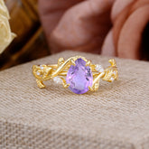 4 Prong Nature Inspired Pear Cut Natural Amethyst Leaf Gold Engagement Ring