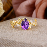 4 Prong Nature Inspired Pear Cut Natural Amethyst Leaf Gold Engagement Ring