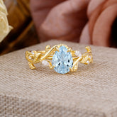 4 Prong Nature Inspired Pear Cut Aquamarine Leaf Gold Engagement Ring