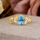 4 Prong Nature Inspired Pear Cut Aquamarine Leaf Gold Engagement Ring