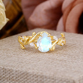 4 Prong Nature Inspired Pear Cut Moonstone Leaf Gold Engagement Ring