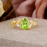 4 Prong Nature Inspired Pear Cut Peridot Leaf Gold Engagement Ring