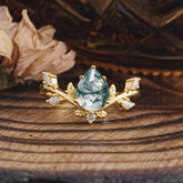 Nature-Inspired 6-Prong Teardrop Natural Moss Agate Engagement Ring