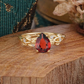 Pear Shape Leaf Garnet Engagement Ring – Nature Inspired Vine Wedding Ring for Women