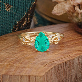 Pear Shape Leaf Emerald Engagement Ring – Nature Inspired Vine Wedding Ring for Women