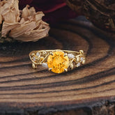 Romantic Round Cut Nature-Inspired Leaf Citrine Engagement Ring for Women