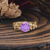 Romantic Round Cut Nature-Inspired Leaf Amethyst Engagement Ring for Women