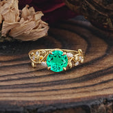 Romantic Round Cut Nature-Inspired Leaf Emerald Engagement Ring for Women