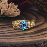 Romantic Round Cut Nature-Inspired Leaf Alexandrite Engagement Ring for Women