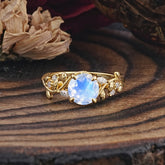 Romantic Round Cut Nature-Inspired Leaf Moonstone Engagement Ring for Women
