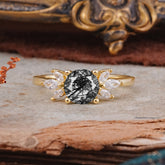 Elegant 6 Prong Round Cut Cluster Black Rutilated Quartz Engagement Ring