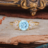 Elegant 6 Prong Round Cut Cluster Aquamarine Engagement Ring