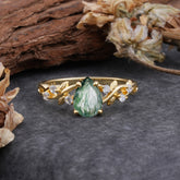 4 Prong Natural Inspired Ring Floral Natural Moss Agate Engagement Ring Pear Cut Ring