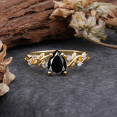 4 Prong Natural Inspired Ring Floral Black Onyx Engagement Ring Pear Cut Ring