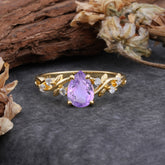 4 Prong Natural Inspired Ring Floral Natural Amethyst Engagement Ring Pear Cut Ring