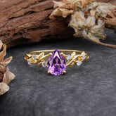 4 Prong Natural Inspired Ring Floral Natural Amethyst Engagement Ring Pear Cut Ring