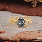 Organic Vine-Entwined 4-Prong Pear-Cut Black Rutilated Quartz Engagement Ring