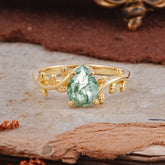 Organic Vine-Entwined 4-Prong Pear-Cut Natural Moss Agate Engagement Ring