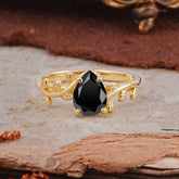 Organic Vine-Entwined 4-Prong Pear-Cut Black Onyx Engagement Ring