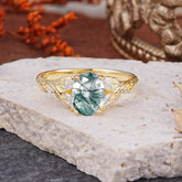 Vintage Leaf 4-Prong Oval Moss Agate Engagement Ring for Women