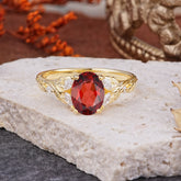 Vintage Leaf 4-Prong Oval Garnet Engagement Ring for Women