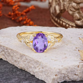 Vintage Leaf 4-Prong Oval Amethyst Engagement Ring for Women