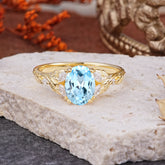 Vintage Leaf 4-Prong Oval Aquamarine Engagement Ring for Women