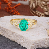 Vintage Leaf 4-Prong Oval Emerald Engagement Ring for Women
