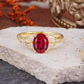 Vintage Leaf 4-Prong Oval Ruby Engagement Ring for Women