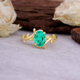 Nature Inspired 4 Prong Oval Cut Emerald Wedding Ring