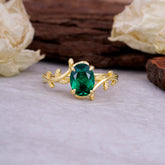Nature Inspired 4 Prong Oval Cut Emerald Wedding Ring