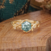 Luxury Nature-Inspired 6 Prong Hexagonal Natural Moss Agate Engagement Ring