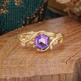 Luxury Nature-Inspired 6 Prong Hexagonal Natural Amethyst Engagement Ring