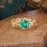 Luxury Nature-Inspired 6 Prong Hexagonal Emerald Engagement Ring