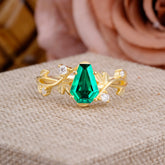 Nature Inspired 4 Prong Coffin-Cut Emerald Engagement Ring