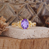 Nature Inspired 4 Prong Golden Vine Oval Cut Natural Amethyst Ring