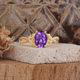 Nature Inspired 4 Prong Golden Vine Oval Cut Natural Amethyst Ring