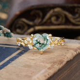 Romantic Heart Shape Natural Moss Agate Engagement Ring