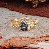 Nature-Inspired Vine-Entwined 4-Prong Teardrop-Cut Black Rutilated Quartz Engagement Ring