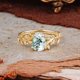 Nature-Inspired Vine-Entwined 4-Prong Teardrop-Cut Natural Moss Agate Engagement Ring