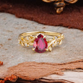 Nature-Inspired Vine-Entwined 4-Prong Teardrop-Cut Ruby Engagement Ring