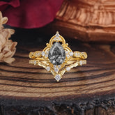 Luxury Vintage Pear-Cut Black Rutilated Quartz Engagement Ring Set