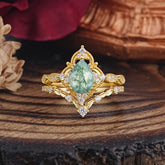 Luxury Vintage Pear-Cut Natural Moss Agate Engagement Ring Set