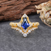 Unique Cut Kite Cut Sapphire Cluster Engagement Ring Set 2pcs