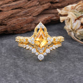 Unique Cut Kite Cut Citrine Cluster Engagement Ring Set 2pcs