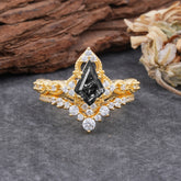 Unique Cut Kite Cut Natural Black Rutilated Quartz Cluster Engagement Ring Set 2pcs